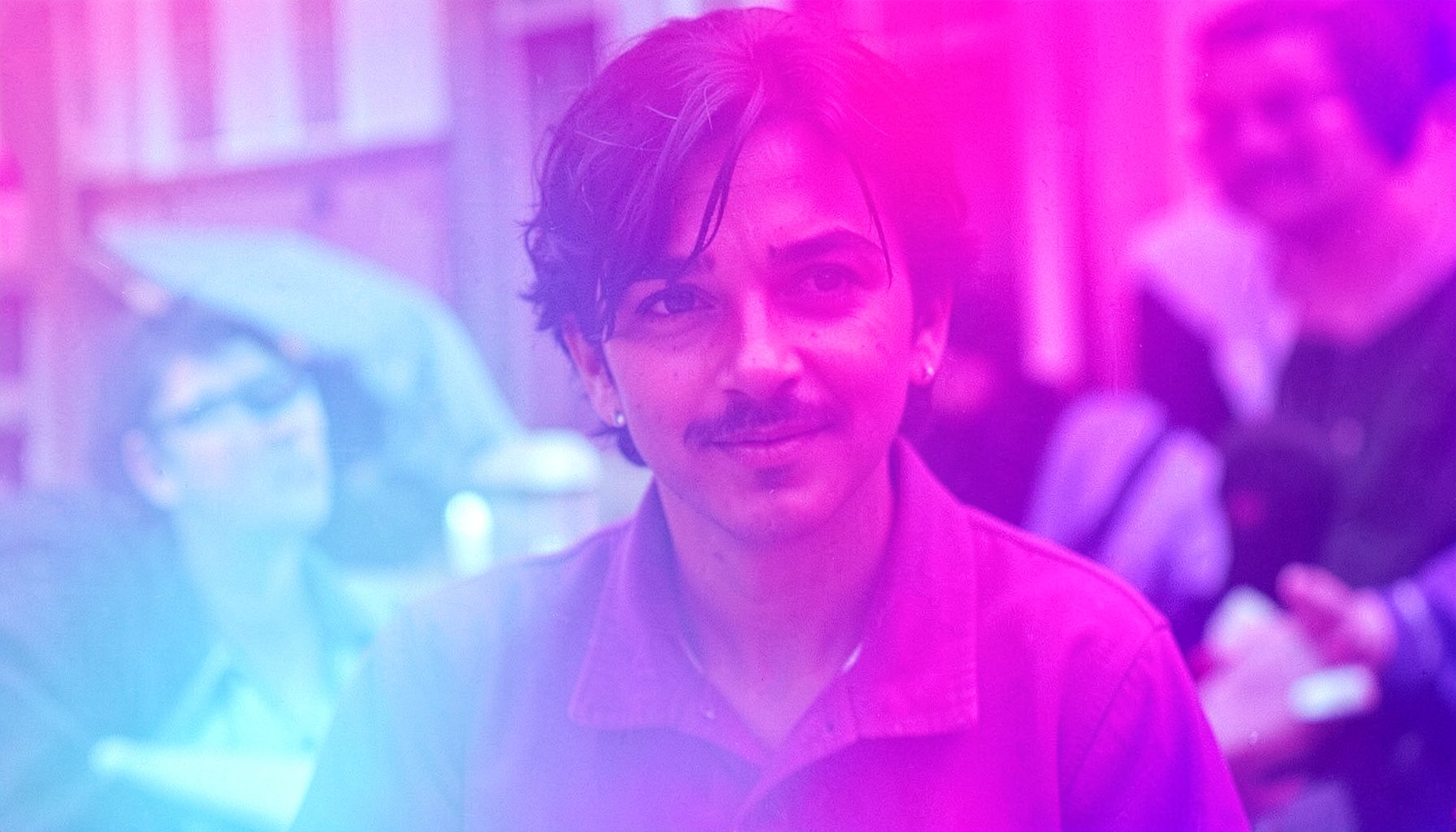 Vivid magenta and violet gradient over a soft cyan glow, a candid documentary style background in punchy poster colors